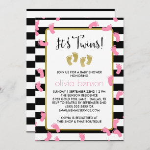 Pink Footprints Black & Gold Twins Baby Shower Invitation