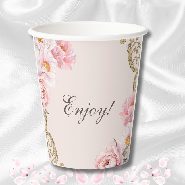 Pink Foral Rococo Peony Vintage Bridal Shower Paper Cups (Creator Uploaded)