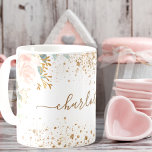 Pink forals eucalyptus gold sparkles name coffee mug<br><div class="desc">A chic white background. Decorated with blush pink florals, flowers (roses)and green watercolored eucalyptus leaves, sprigs, greenery and faux gold sprigs. Golden sparkles. Personalise and add a name. The name is written with a modern hand lettered style script with swashes. To keep the swashes only delete the sample name, leave...</div>