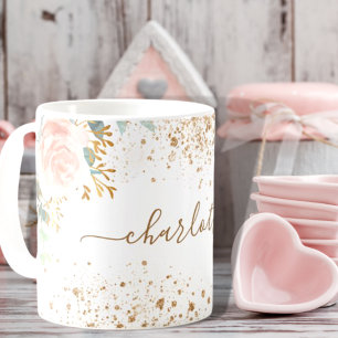 Pink forals eucalyptus gold sparkles name coffee mug