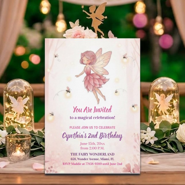 Pink Forest Fairy Fireflies 2nd Birthday Party Invitation (Creator Uploaded)