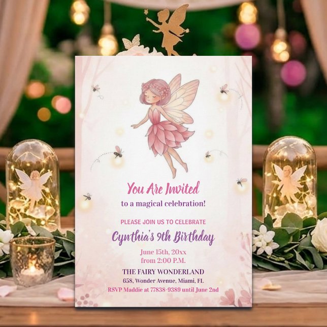 Pink Forest Fairy Fireflies 9th Birthday Party Invitation (Creator Uploaded)
