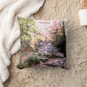 Pink forest glade, pretty stream, personalised cushion