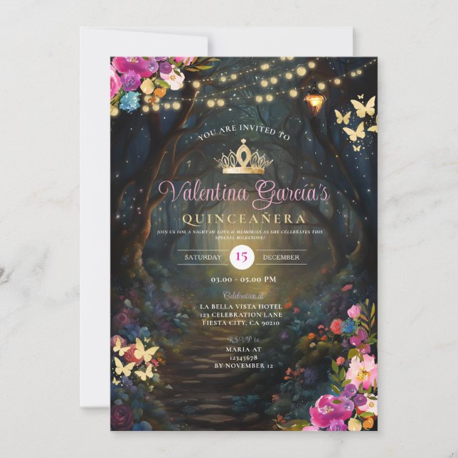 Pink Forest Quinceañera 15 Anos Flowers Gold  Invitation (Front)