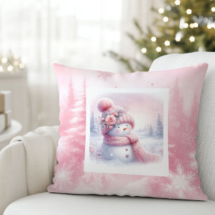 Pink Forest Snowman Bright Winter Scene Cushion