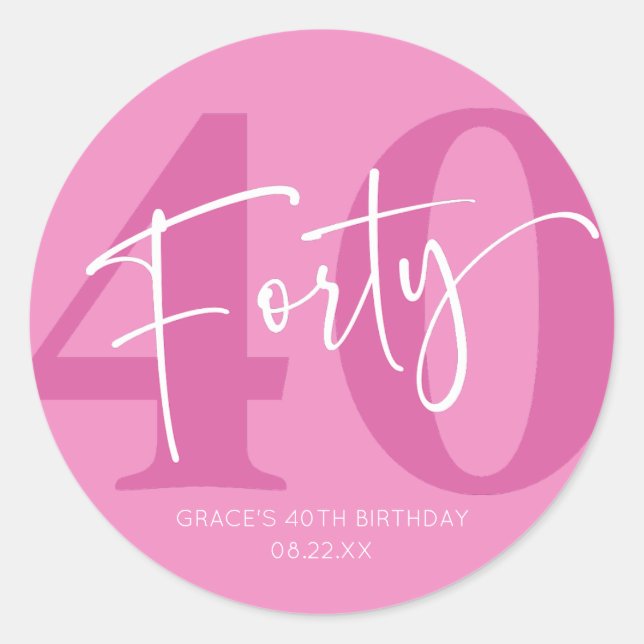 Pink Forty 40th Fortieth Birthday Party Favour Classic Round Sticker (Front)