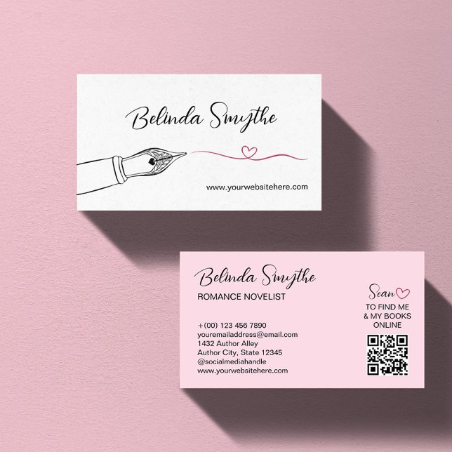 Pink Fountain Pen Heart Swash Romance Author Business Card (Creator Uploaded)