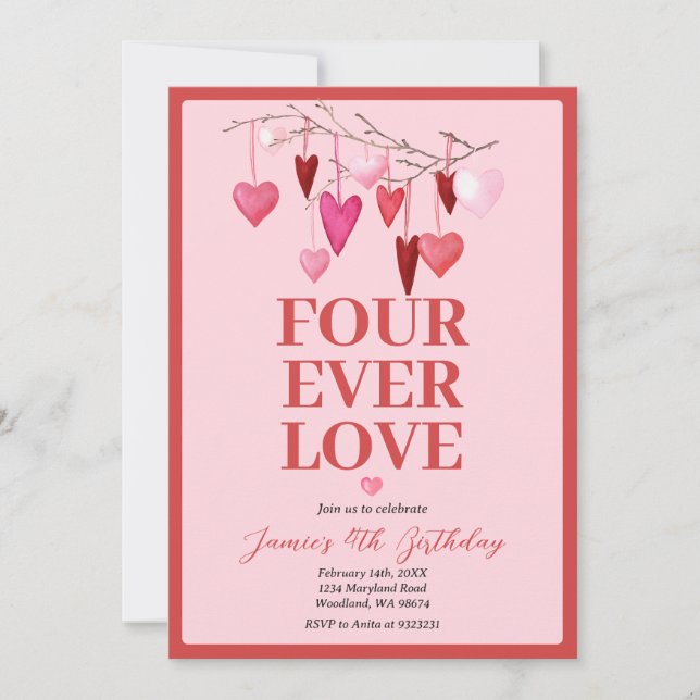 Pink Four Ever Loved Valentine's Birthday Balloon Invitation (Front)