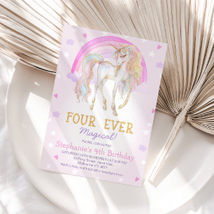 Pink Four Ever Magical Unicorn 4th Birthday Invitation