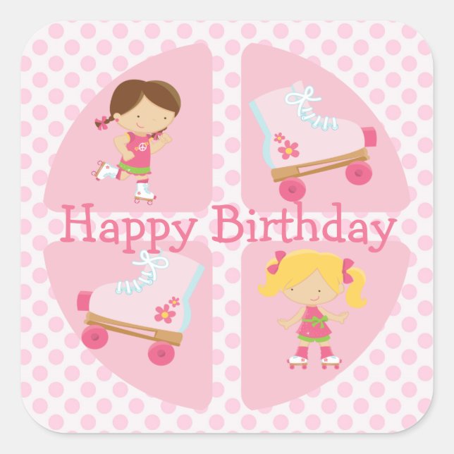 Pink Four Square Rollerskating Birthday Sticker (Front)