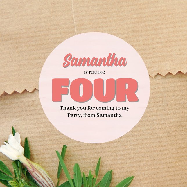 Pink Fourth Birthday Girl Party Floral Classic Round Sticker (Pink fourth birthday party custom gavor sticker. )