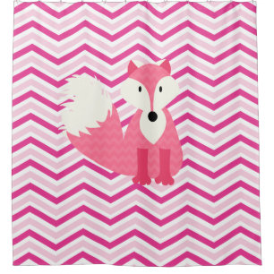 Pink Fox on Pink and White Chevron Stripes Shower Curtain