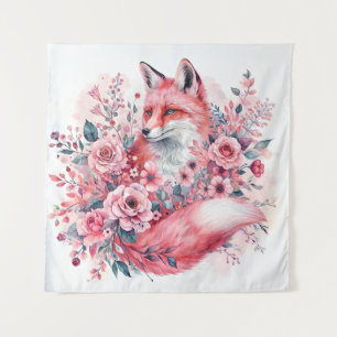 Pink Fox Watercolor Floral Art Tapestry