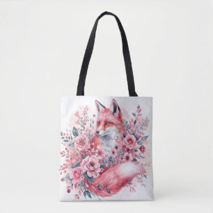 Pink Fox Watercolor Floral Art Tote Bag