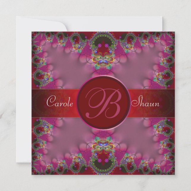 Pink Fractal Lace Monogram Wedding Invitation (Front)