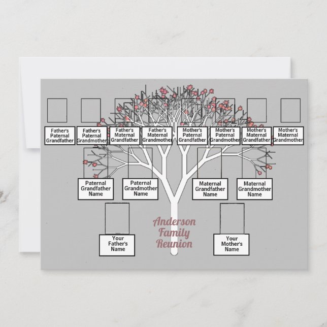 Pink Fractal Tree 3 Generation Family Reunion Grey Invitation (Front)
