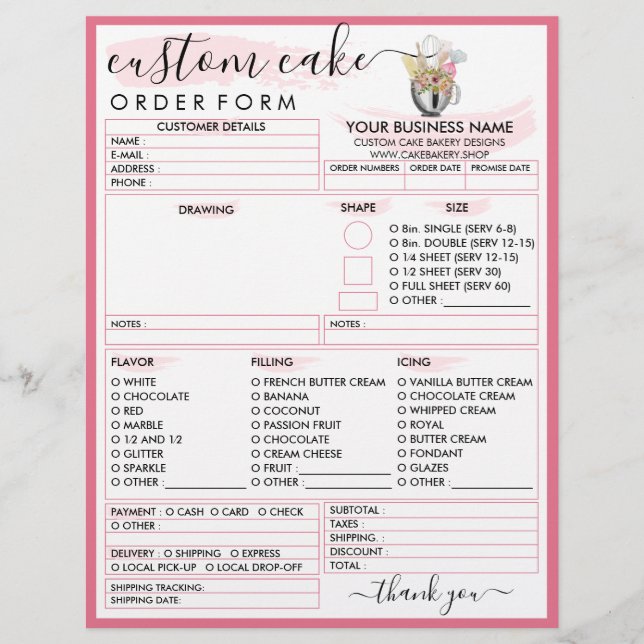 Pink Frame Bakery Cute Cake Order Form Flyer (Front)