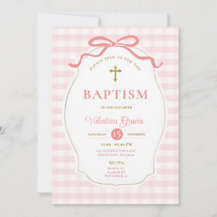 Pink Frame Border Girl Baptism Cross Invitation