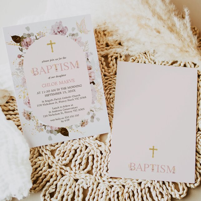 Pink Frame Girls Boho Floral Baptism Christening Invitation (Modern pink frame boho floral baptism or christening invitation with gold cross and butterfly. )