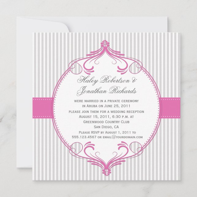 Pink Frame Grey White Stripes Wedding Invitation (Front)