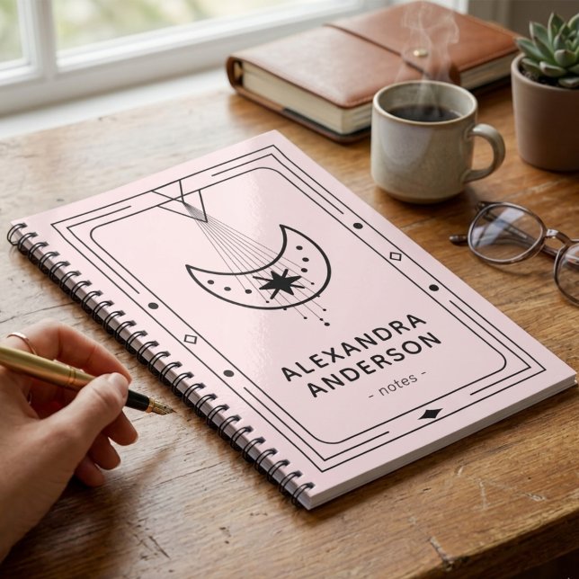 Pink Framed Celestial Starry Crescent Moon Notebook (Geometric Celestial Crescent Moon Pink Notebook)
