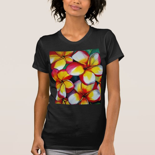 Pink Frangipani flower on black t-shirt (Front)