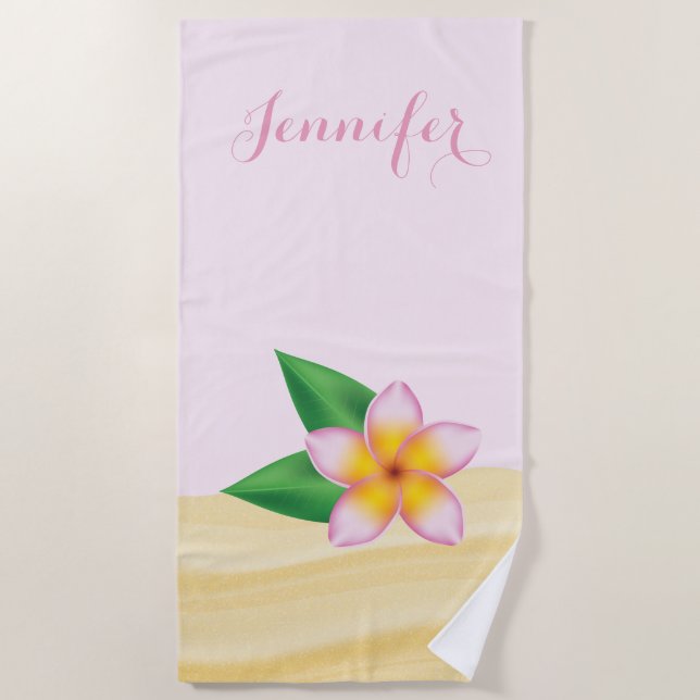 Pink Frangipani Flower On Sand With Custom Name Beach Towel (Front)