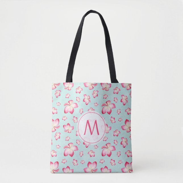 Pink Frangipani Monogram Aqua Tote Bag (Front)