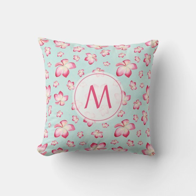 Pink Frangipani Monogram Cushion (Front)