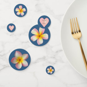 Pink Frangipani Plumeria Flowers & Heart on Blue Confetti