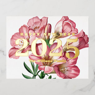 Pink Freesia Flower Happy New Year 2027 Gold Foil Holiday Postcard