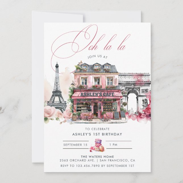 Pink French Cafe Tea Birthday Party Invitation (Front)