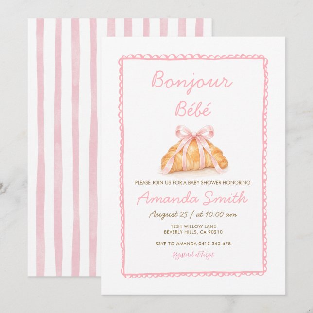 Pink French Croissant & Bow Baby Shower Invite (Front/Back)