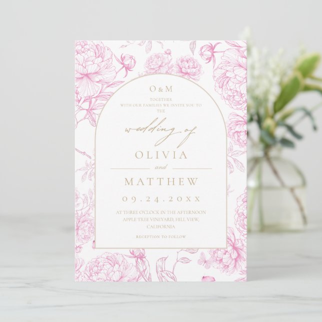  Pink French Floral Wedding  Invitation (Standing Front)