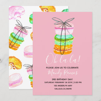 Pink french macaron birthday party invitation