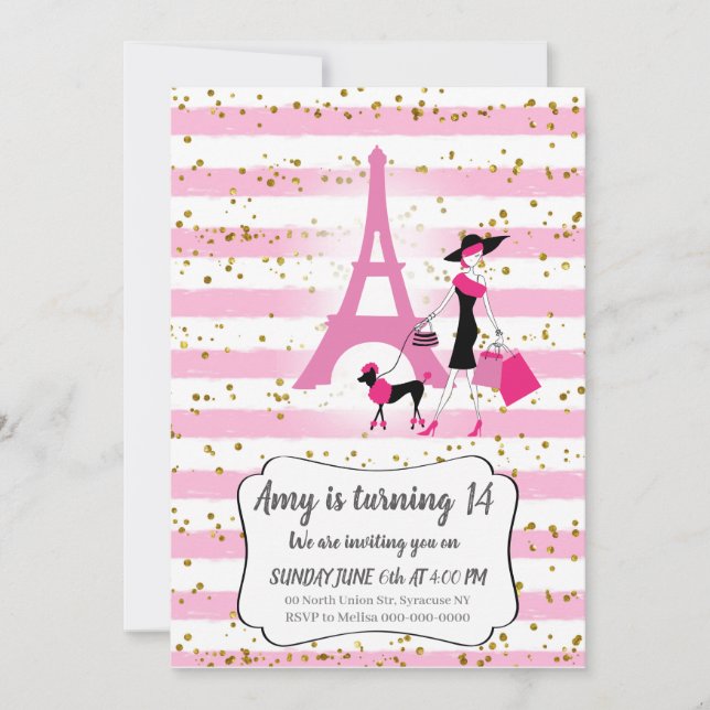 Pink French Party Invitations for girl (Front)