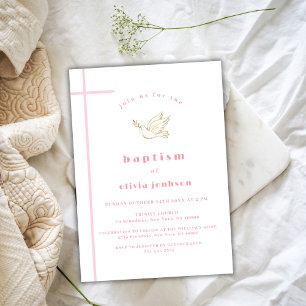 Pink French Simple Bird Christening Girl Baptism  Invitation
