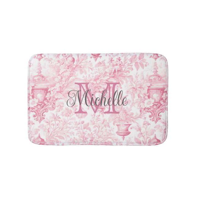 Pink French Toile de Jouy Monogram Initial Name Bath Mat (Front)