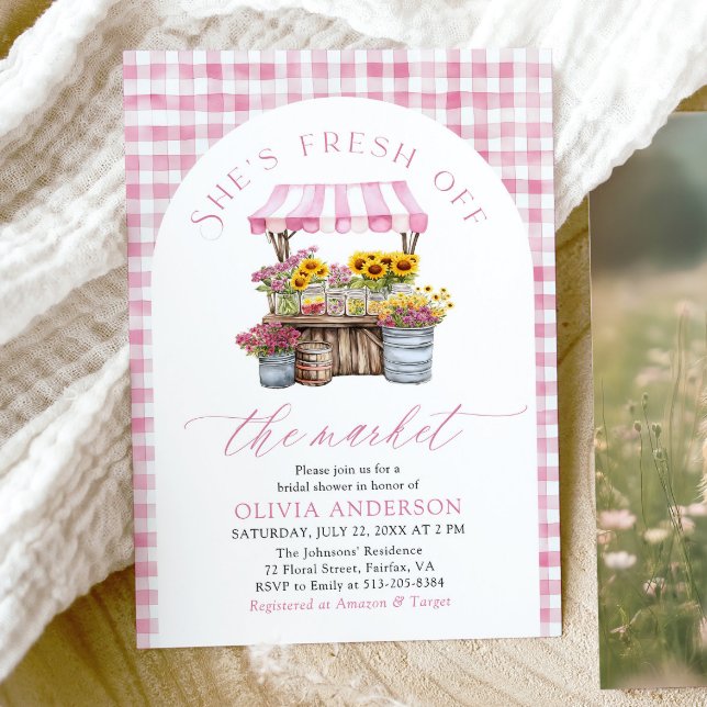 Pink Fresh Off The Market Arch Bridal Shower Invitation (Watercolor Elegant Pink Fresh Off The Market Farmers Market Arch Bridal Shower Invitation)
