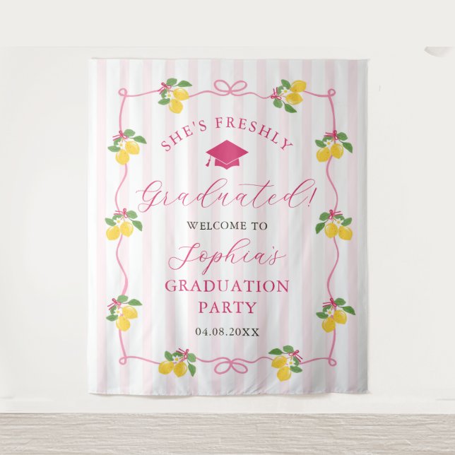 Pink Freshly Lemon Citrus Graduation Decor Tapestry (Front)