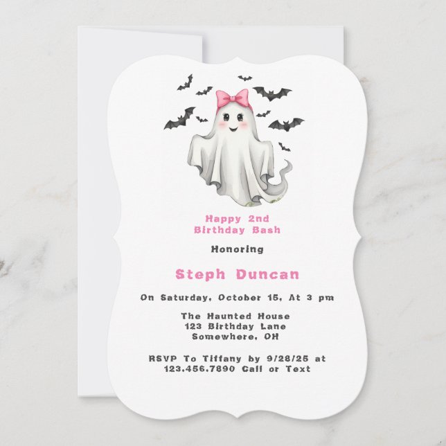 Pink Friendly Girl Ghost With Bats Birthday Party Invitation (Front)