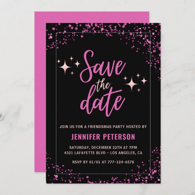 Pink Friendsmas invitations Save the date Glam (Front/Back)