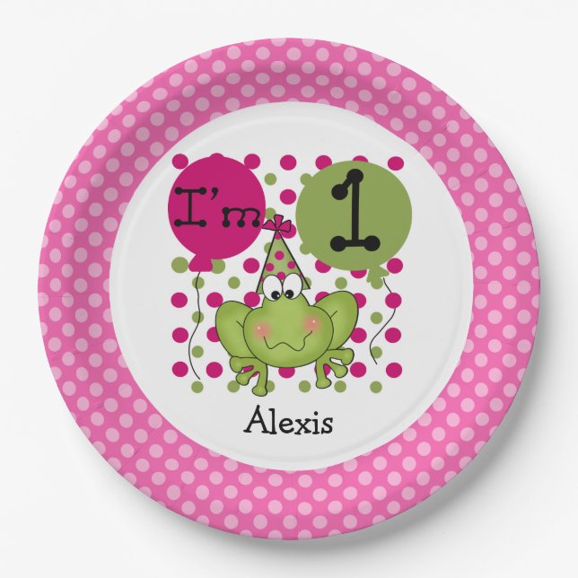 Pink Frog 1st Birthday Paper Plates (Front)