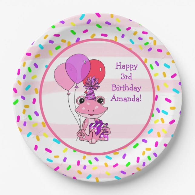 Pink Frog Girl's Birthday Candy Sprinkles Party Paper Plate (Front)