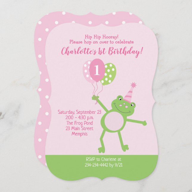 Pink Frog Girls Birthday Party Invitation (Front/Back)