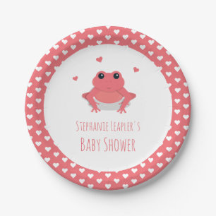 Pink Frog Hearts Name Baby Shower Paper Plate