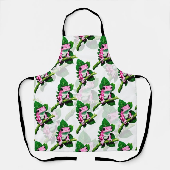 Pink Frog On Green Leaf Pattern Design Apron (Front)