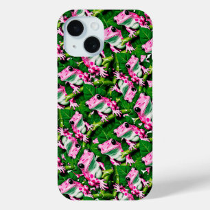 Pink Frog On Green Leaf Pattern Design iPhone 15 Case