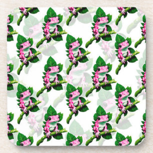 Pink Frog On Green Leaf Pattern Design Coaster