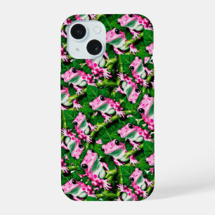 Pink Frog On Green Leaf Pattern Design iPhone 15 Case